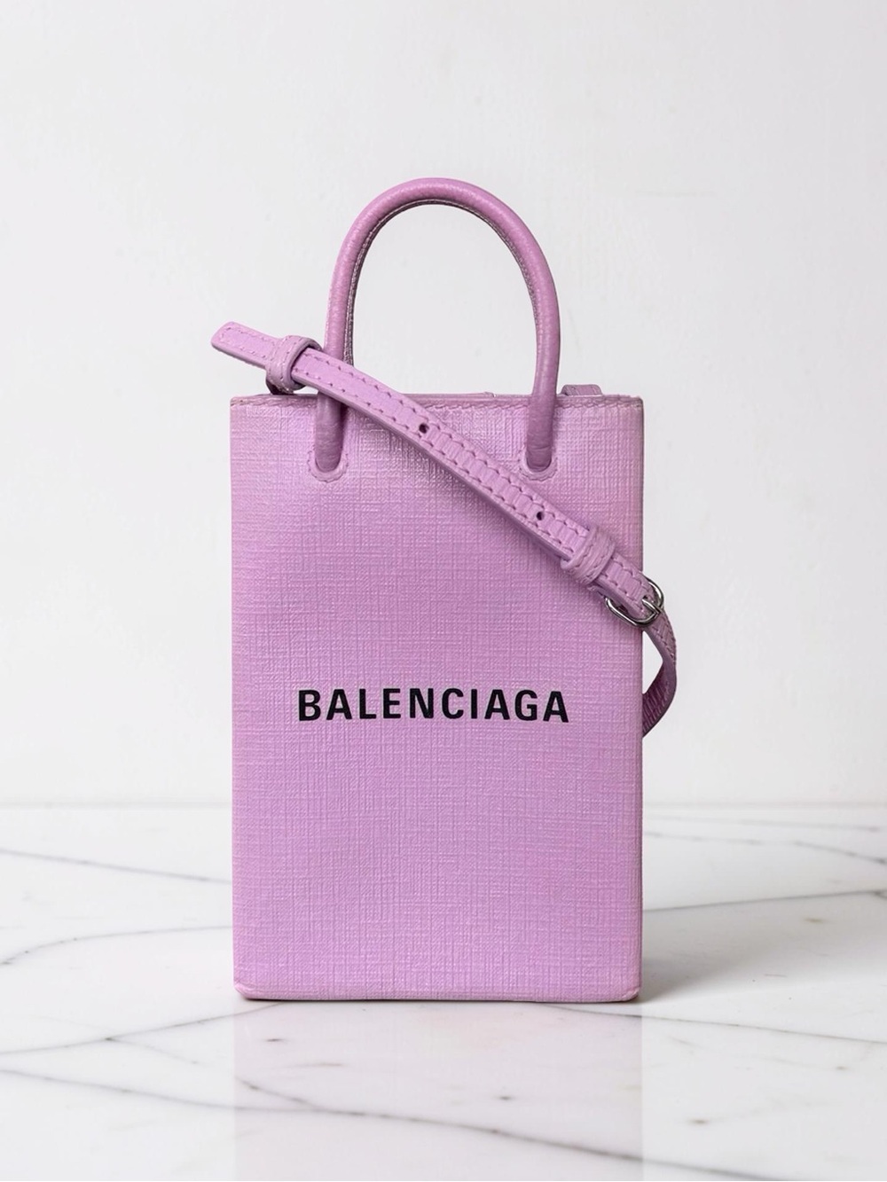 Balenciaga Two-Way Pink Leather Squared Shopping Phone Holder Crossbody Bag